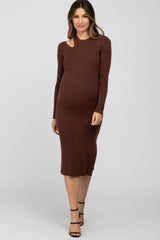 Brown Ribbed Cutout Maternity Fitted Dress
