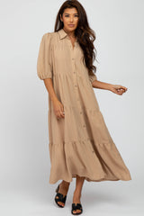 Taupe Tiered Puff Sleeve Maternity Maxi Dress