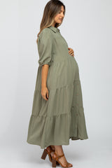 Light Olive Tiered Puff Sleeve Maternity Maxi Dress