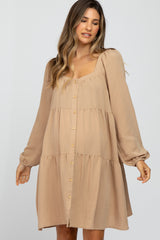 Taupe Long Sleeve Tiered Maternity Dress