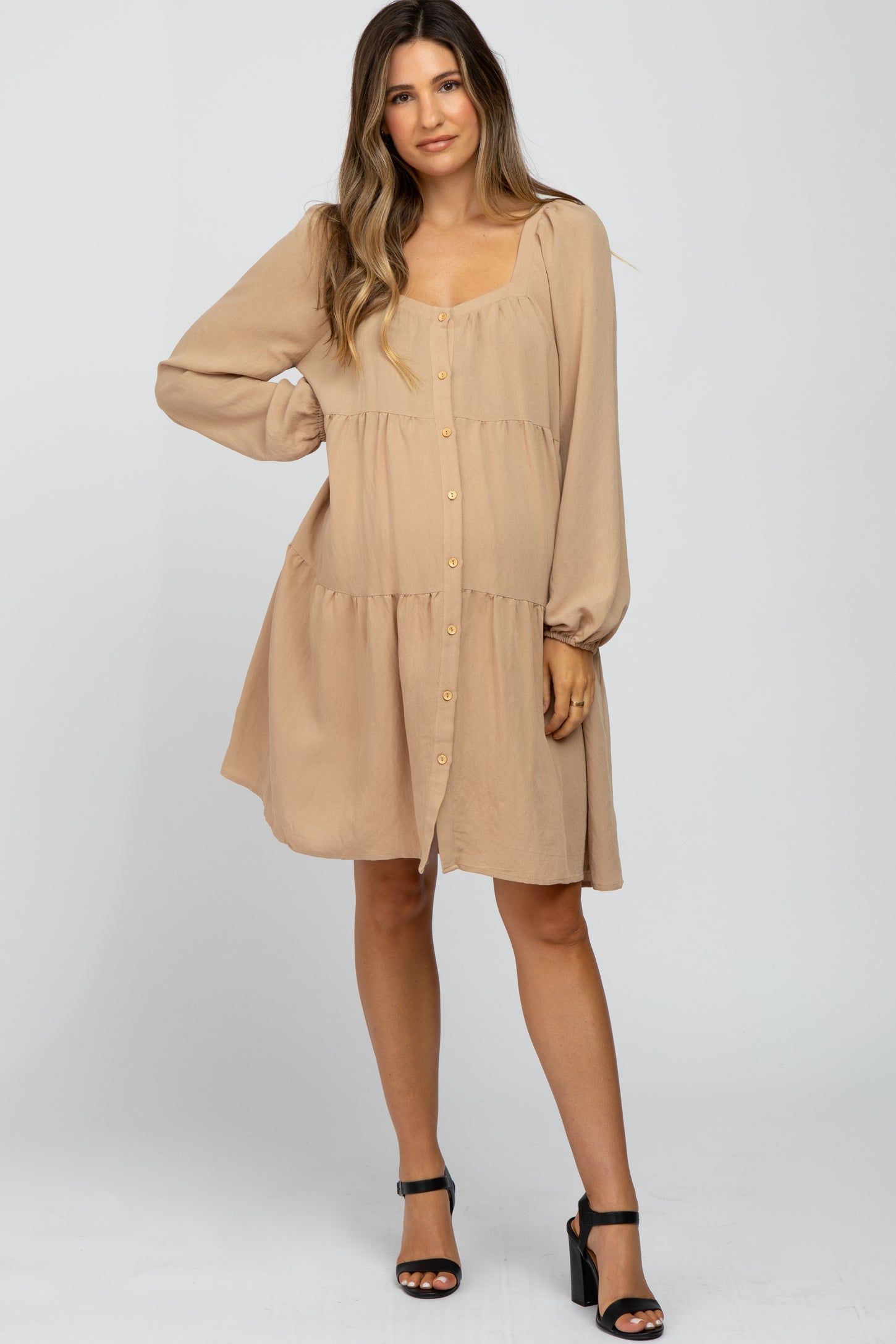 Taupe Long Sleeve Tiered Maternity Dress