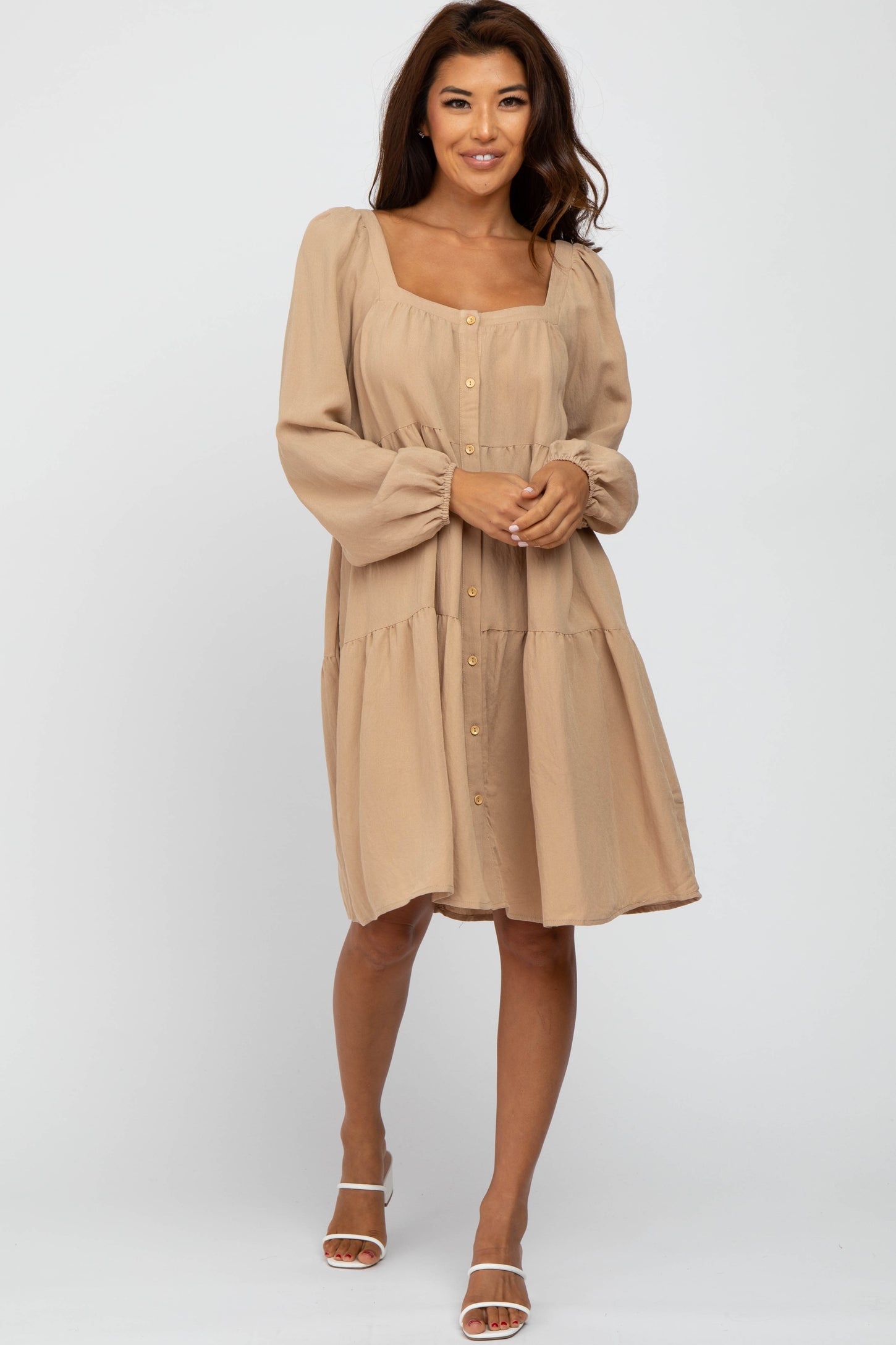 Taupe Long Sleeve Tiered Maternity Dress