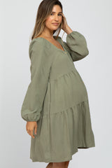 Light Olive Long Sleeve Tiered Maternity Dress