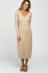 Beige Ribbed Button Front Midi Cardigan Maternity Dress