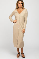 Beige Ribbed Button Front Midi Cardigan Dress