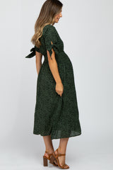 Olive Spotted Button Front Tie Sleeve Maternity Midi Dress