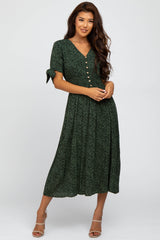 Olive Spotted Button Front Tie Sleeve Midi Dress