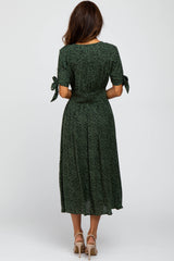 Olive Spotted Button Front Tie Sleeve Midi Dress