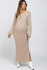 Beige Side Slit Maternity Maxi Sweater Dress