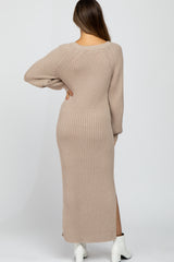 Beige Side Slit Maternity Maxi Sweater Dress