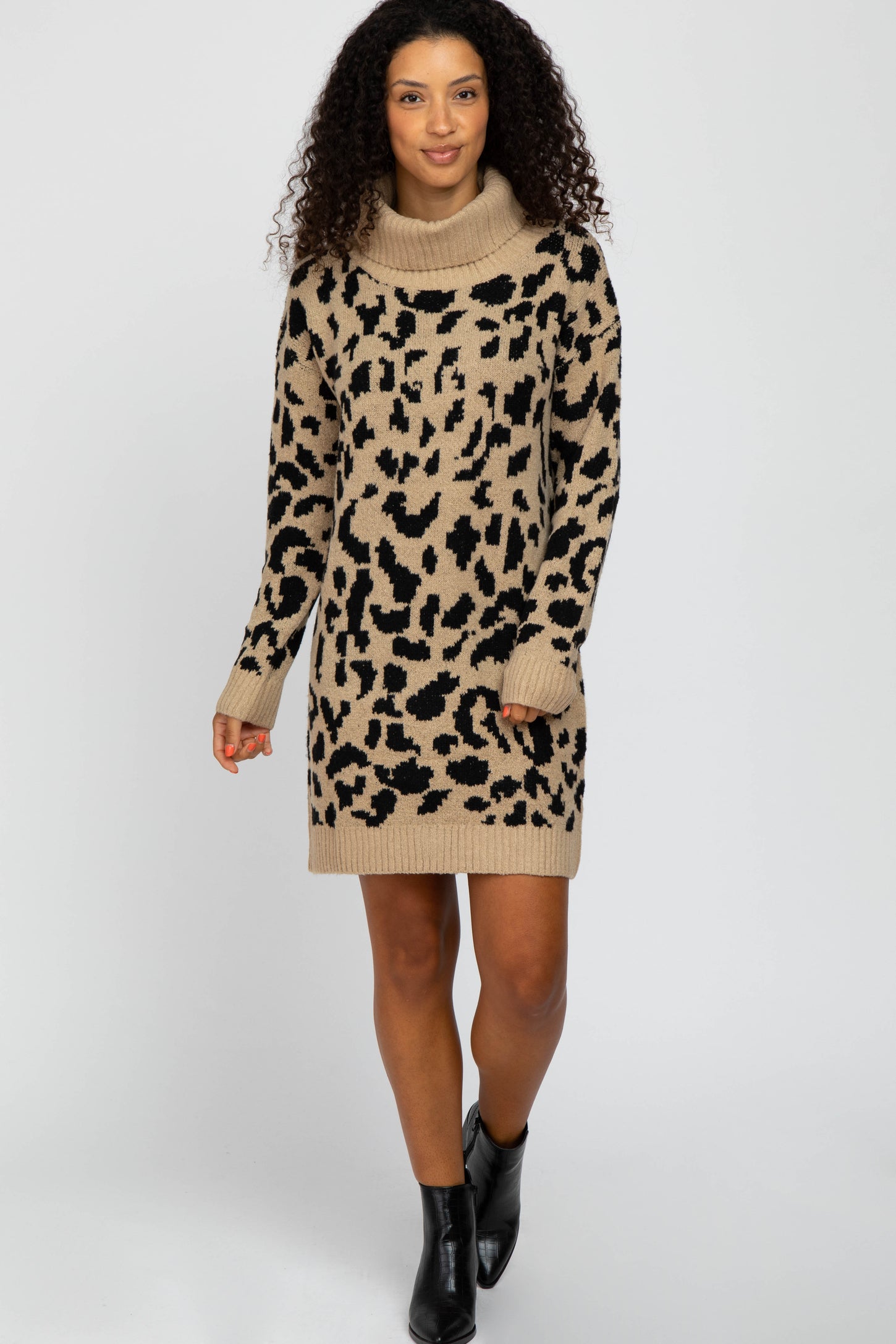 Taupe Leopard Turtleneck Sweater Dress