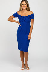 PinkBlush Royal Blue Solid Off Shoulder Fitted Dress