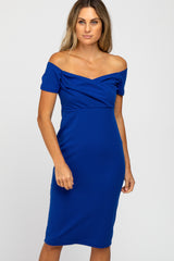 PinkBlush Royal Blue Solid Off Shoulder Fitted Dress