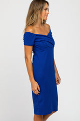 PinkBlush Royal Blue Solid Off Shoulder Fitted Dress