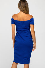 PinkBlush Royal Blue Solid Off Shoulder Fitted Dress