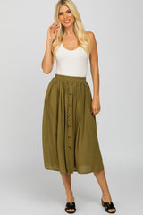 Olive Button Accent Pleated Maternity Midi Skirt