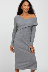 Grey Ribbed Off Shoulder Long Sleeve Midi Dress