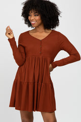 Rust Ribbed Button Front Tiered Dress