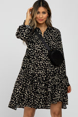 Black Animal Print Collared Button Front Dress