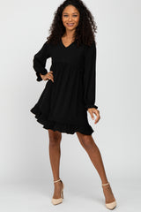 Black Ruffle Trim Long Sleeve Dress