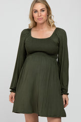 Olive Smocked Front Babydoll Maternity Dress