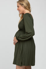 Olive Smocked Front Babydoll Maternity Dress