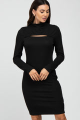 Black Ribbed Mock Neck Front Cutout Dress