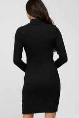 Black Ribbed Mock Neck Front Cutout Dress