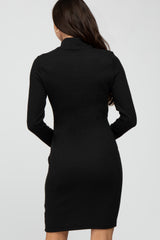 Black Ribbed Mock Neck Front Cutout Dress