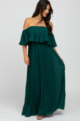 Forest Green Chiffon Pleated Off Shoulder Maxi Dress