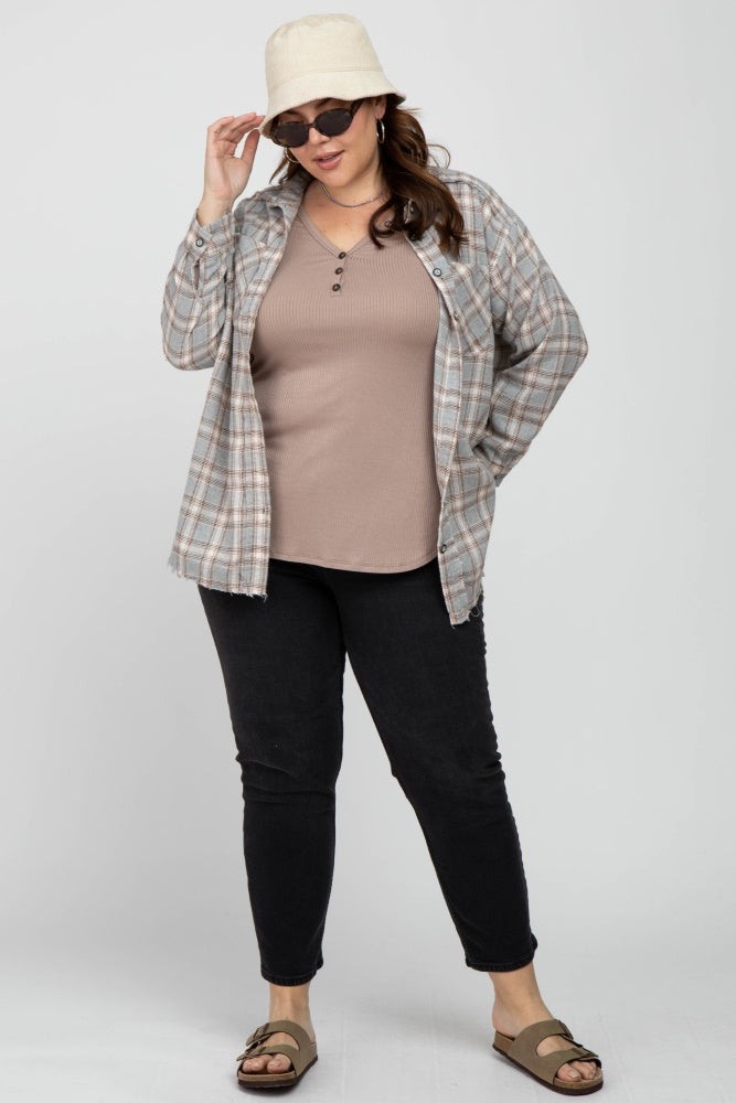Grey Plaid Button Up Collared Flannel Maternity Plus Top