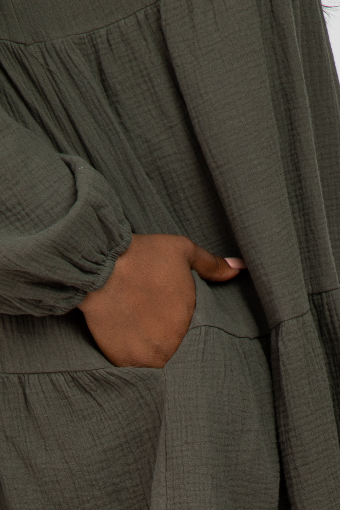 Olive Gauze Button Front Tiered Plus Dress