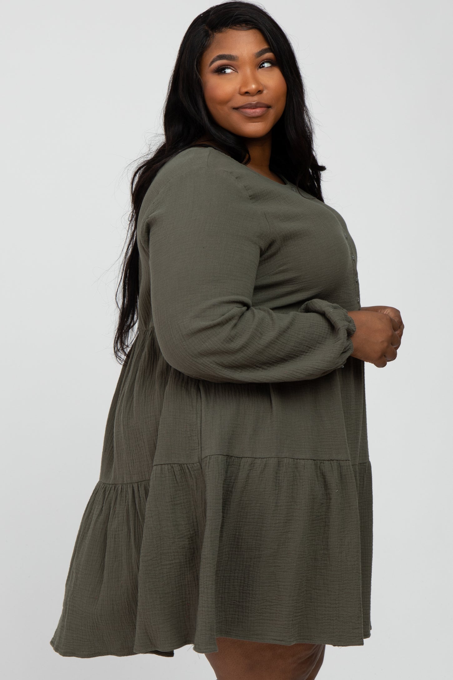 Olive Gauze Button Front Tiered Plus Dress