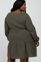 Olive Gauze Button Front Tiered Plus Dress