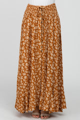 Rust Floral Smocked Drawstring Waist Slit Maxi Skirt