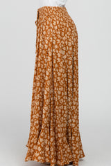 Rust Floral Smocked Drawstring Waist Slit Maxi Skirt