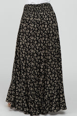 Black Floral Smocked Drawstring Waist Slit Maxi Skirt