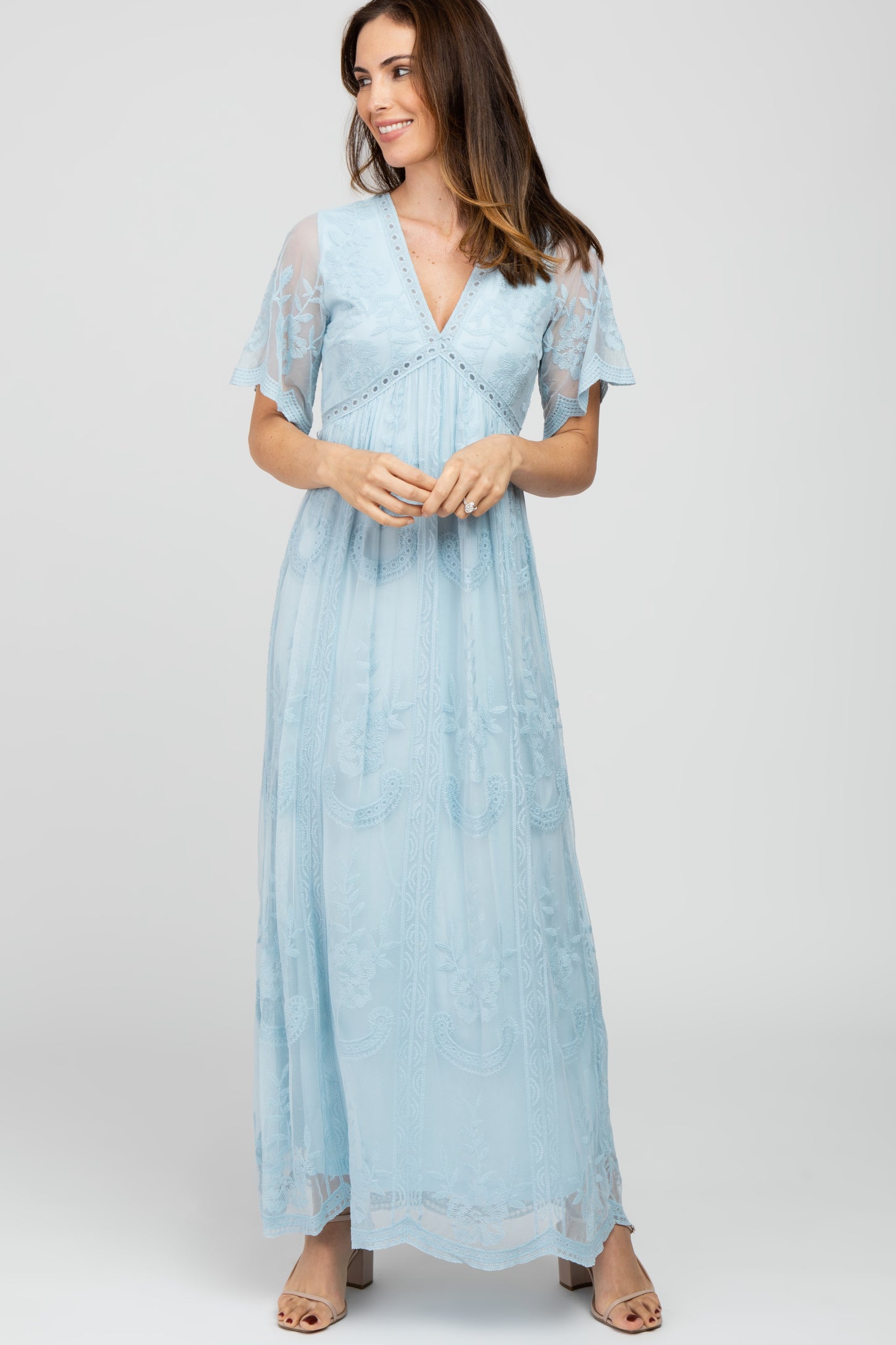 Light Blue Lace Mesh Overlay Maternity Maxi Dress