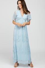 Light Blue Lace Mesh Overlay Maxi Dress