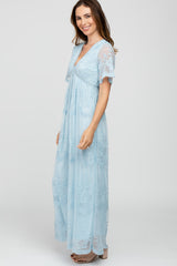 Light Blue Lace Mesh Overlay Maxi Dress