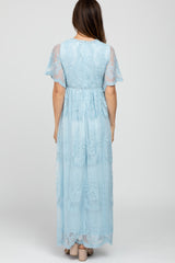 Light Blue Lace Mesh Overlay Maxi Dress