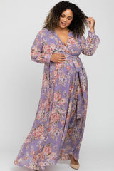 Purple Floral Chiffon Maternity Plus Maxi Dress