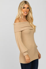 Taupe Soft Brushed Off Shoulder Fitted Top
