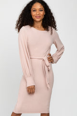 Pink Soft Brushed Waist Tie Bubble Sleeve Dress