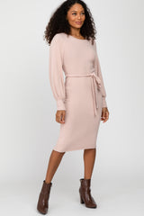 Pink Soft Brushed Waist Tie Bubble Sleeve Dress