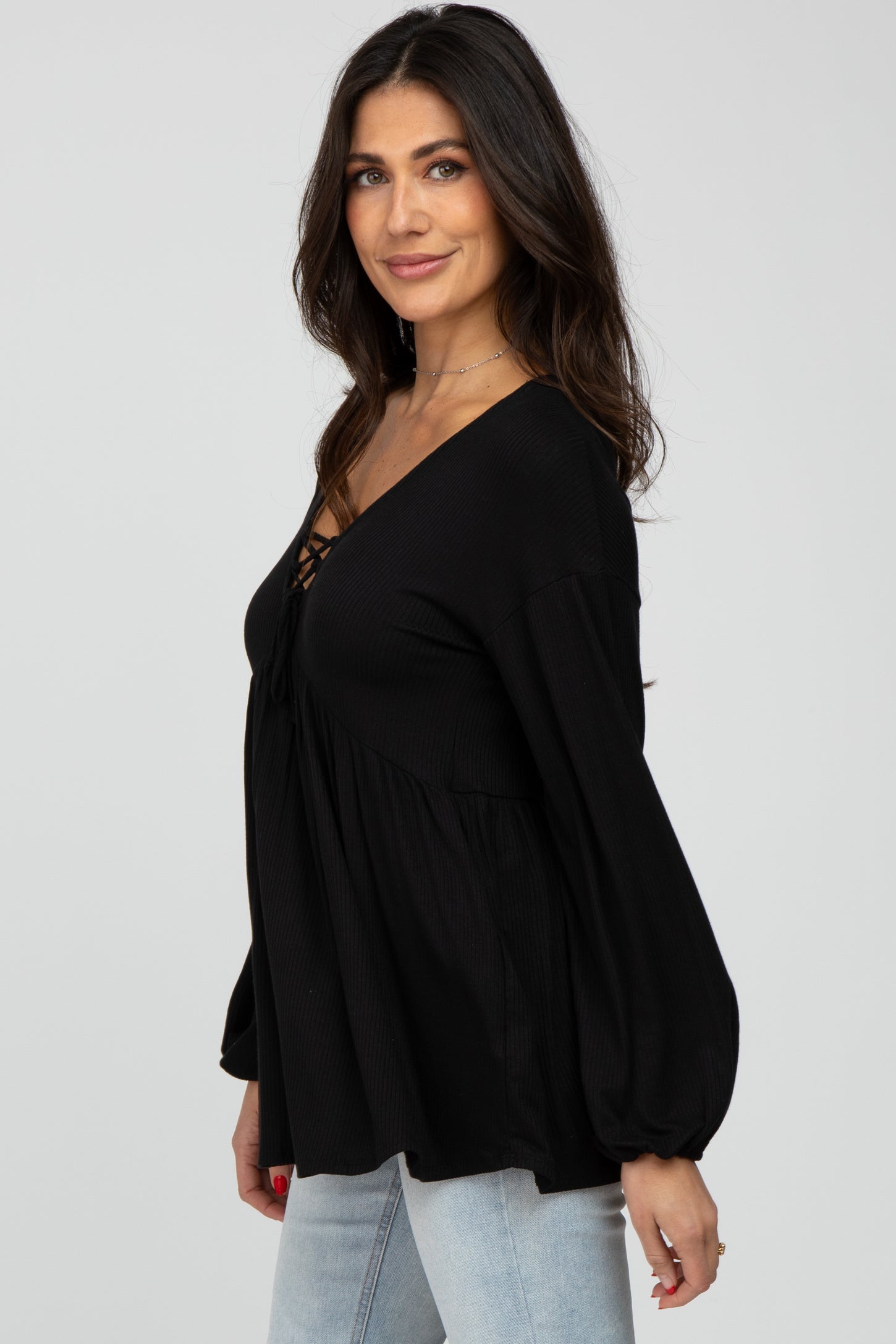 Black Lace-Up Front Long Sleeve Babydoll Top