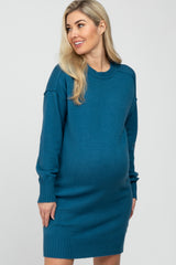 Teal Mock Neck Sweater Maternity Dress