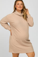 Beige Brushed Rib Turtleneck Maternity Plus Dress