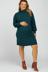 Dark Teal Brushed Rib Turtleneck Maternity Plus Dress