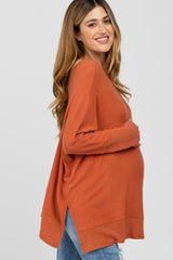 Orange Soft Brushed Knit Dolman Sleeve Side Slit Maternity Top